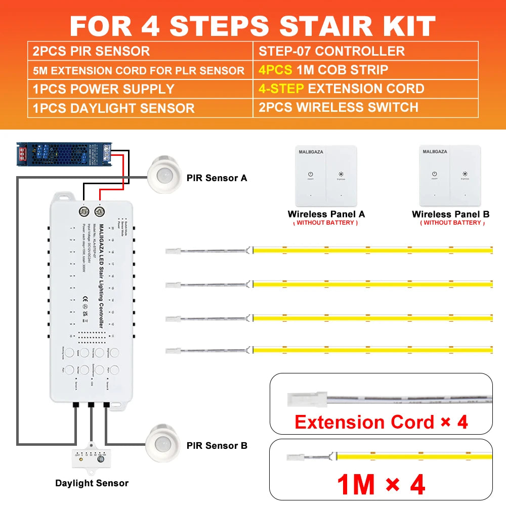 LED stair light kit with PIR sensors, COB strip, controller, wireless switch, cords for 4 steps