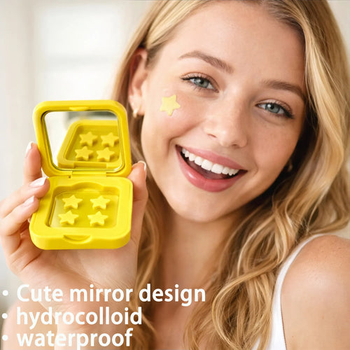 Yellow star-shaped hydrocolloid acne patches in compact case held near face