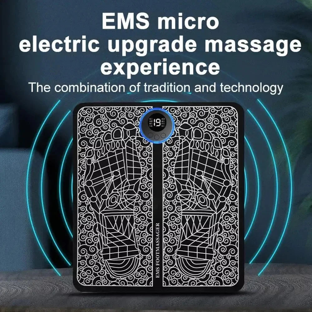 Black EMS rechargeable foot massage mat with digital display for home pain relief and muscle stimulation.