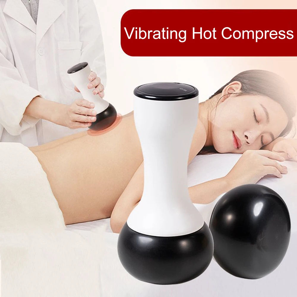 White and black ergonomic Bian stone electric massage tool for hot compress and vibration therapy.