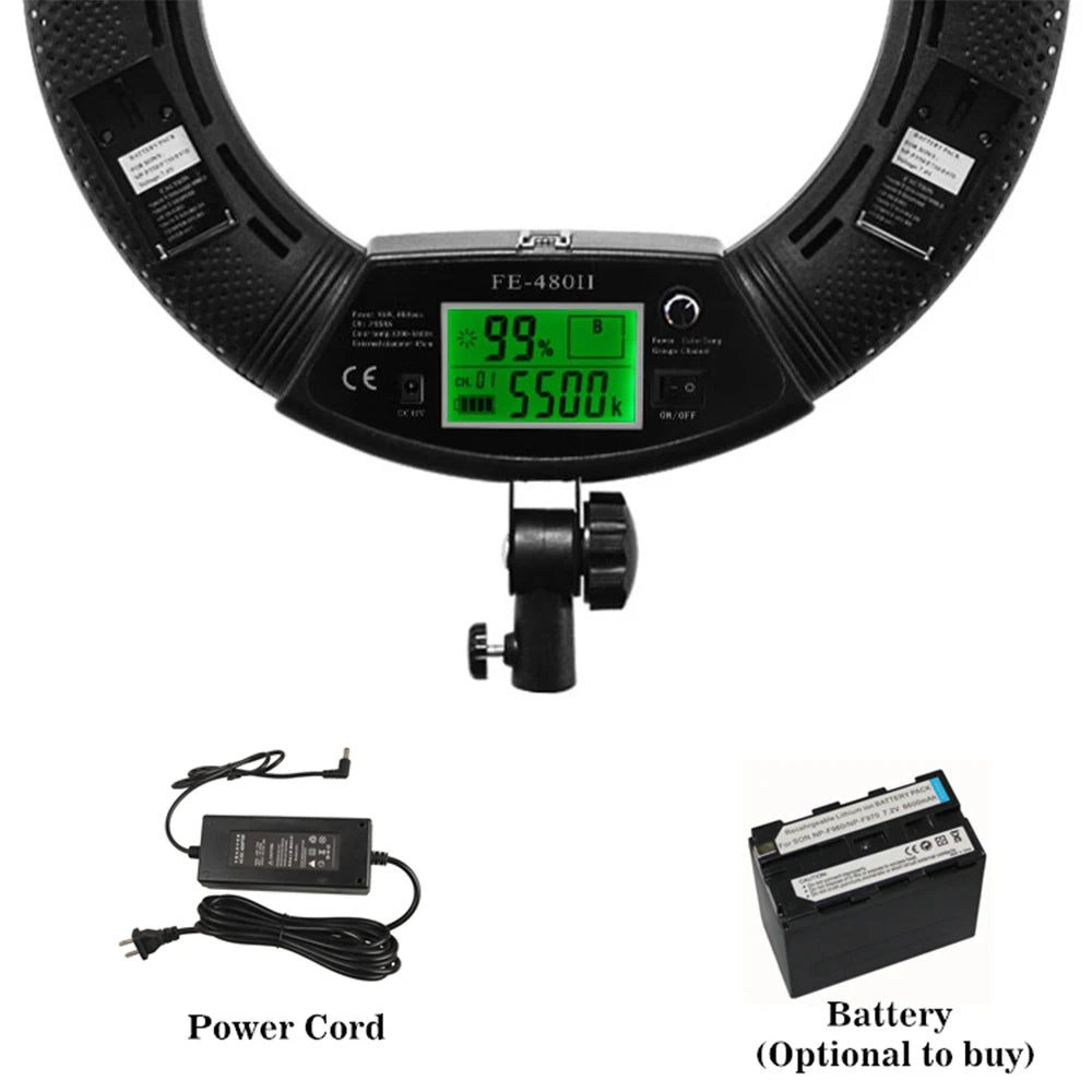 Black LED ring light with digital display, mounting bracket, power cord, and optional rechargeable battery pack.