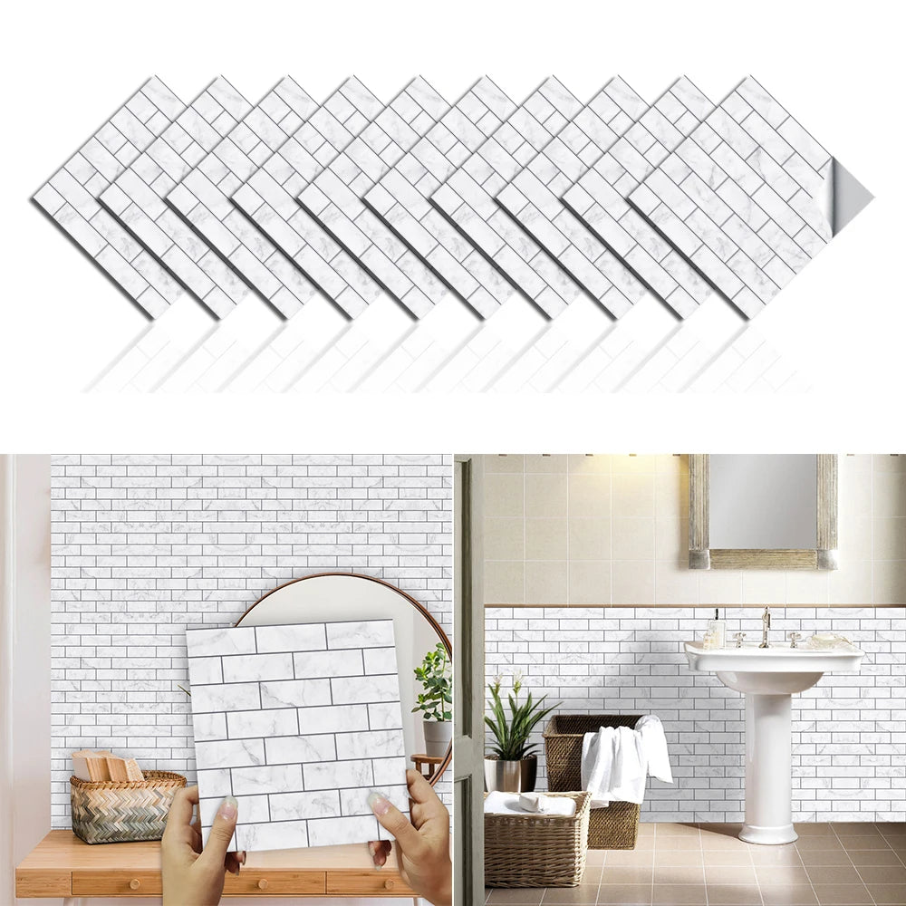 10pcs/set Flat Marble Mosaic Tiles Sticker Transfers Covers For Kitchen Bathroom Tables Peel & Stick Waterproof Art Wall Decals