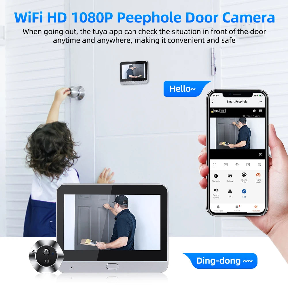 Wsdcam 1080P WiFi Video Doorbell Tuya Smart Door Bell Two Way Audio Intercom Wireless Video Peephole Camera PIR Night Vision