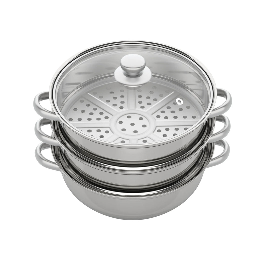 Stainless steel steamer pot with domed lid and nested perforated steam tray insert