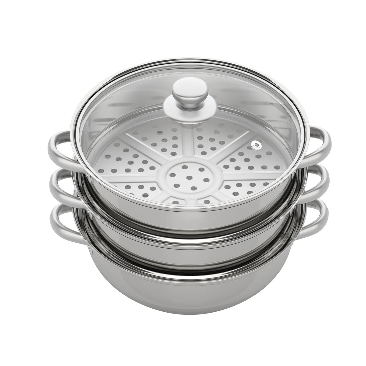 Stainless steel steamer pot with domed lid and nested perforated steam tray insert