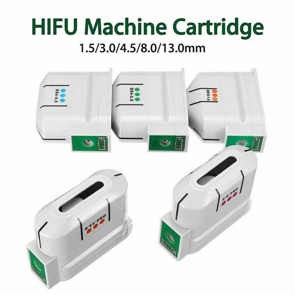 Five white plastic HIFU machine cartridges of various sizes, labeled with colored dots and technical specifications.