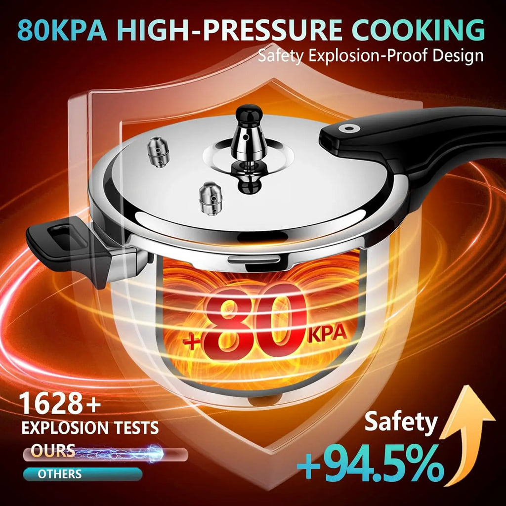 Stainless steel high-pressure cooker with vented lid and glowing pressure graphic