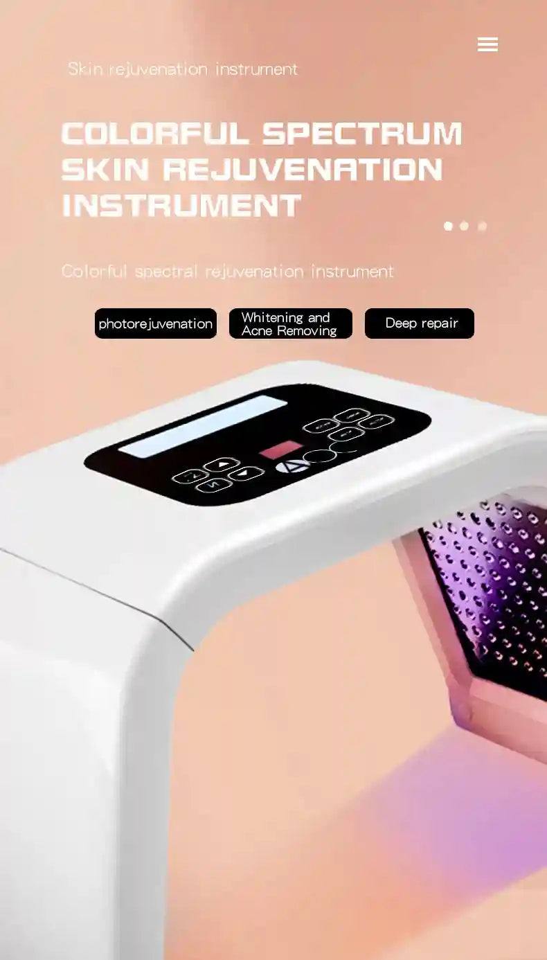 White arched LED facial therapy device with a digital control panel, glowing with purple light for skin rejuvenation.