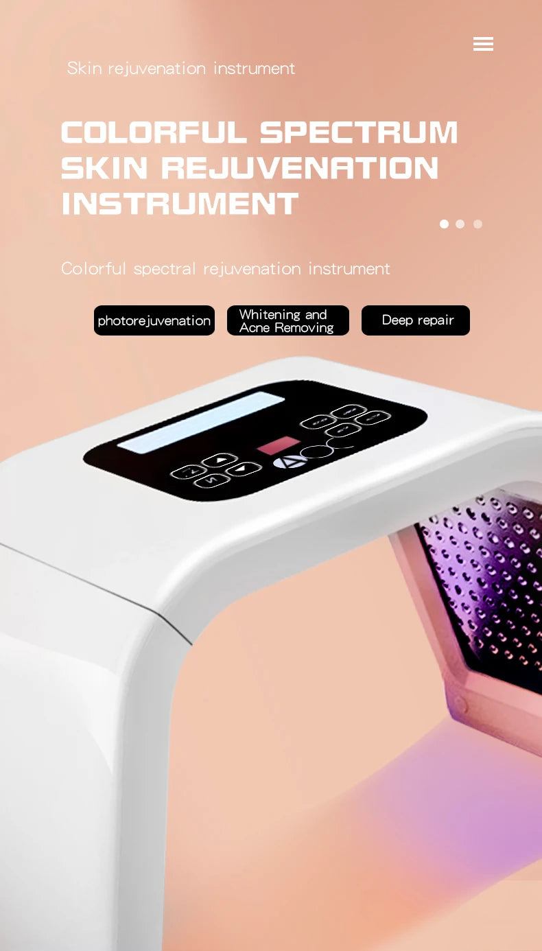White arched LED light therapy facial device with a digital control panel, glowing with purple light underneath.