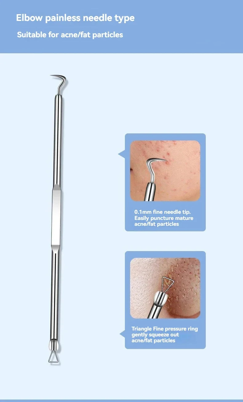 Silver metal acne extraction tool with an elbow needle on one end and a triangle pressure loop on the other.