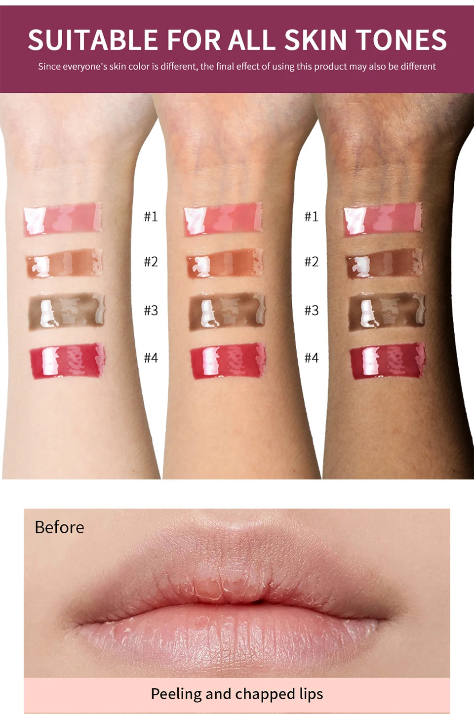 Hydrating plumping lip gloss swatches in four shiny, glass-finish nude shades on arms, showing before and after effect.