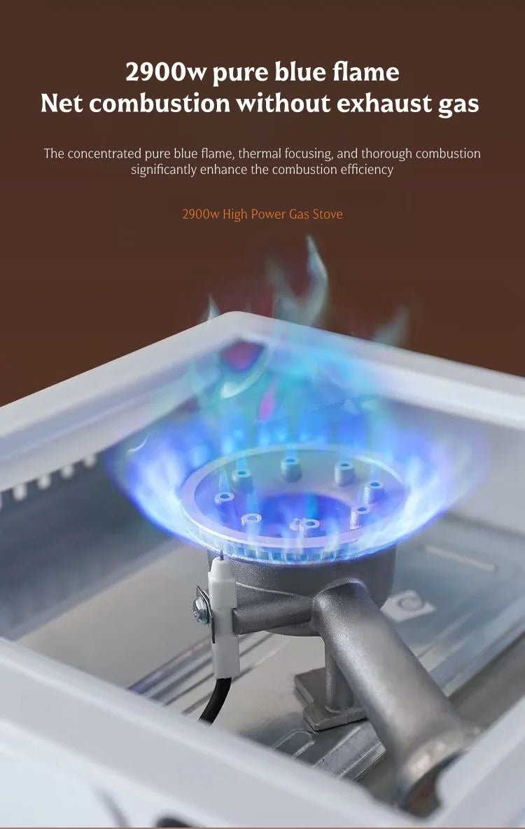 White portable cassette gas stove with blue flame burner and control valve