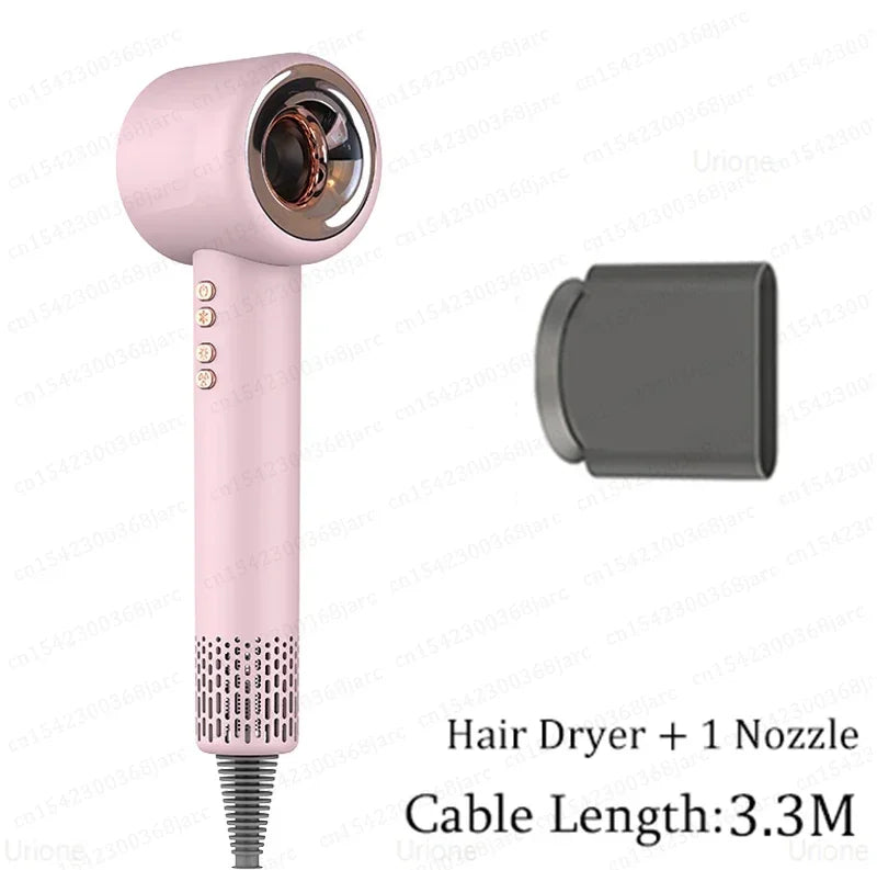 Pink leafless negative ion hair dryer with nozzle attachment and long 3.3m cable for professional hair styling.