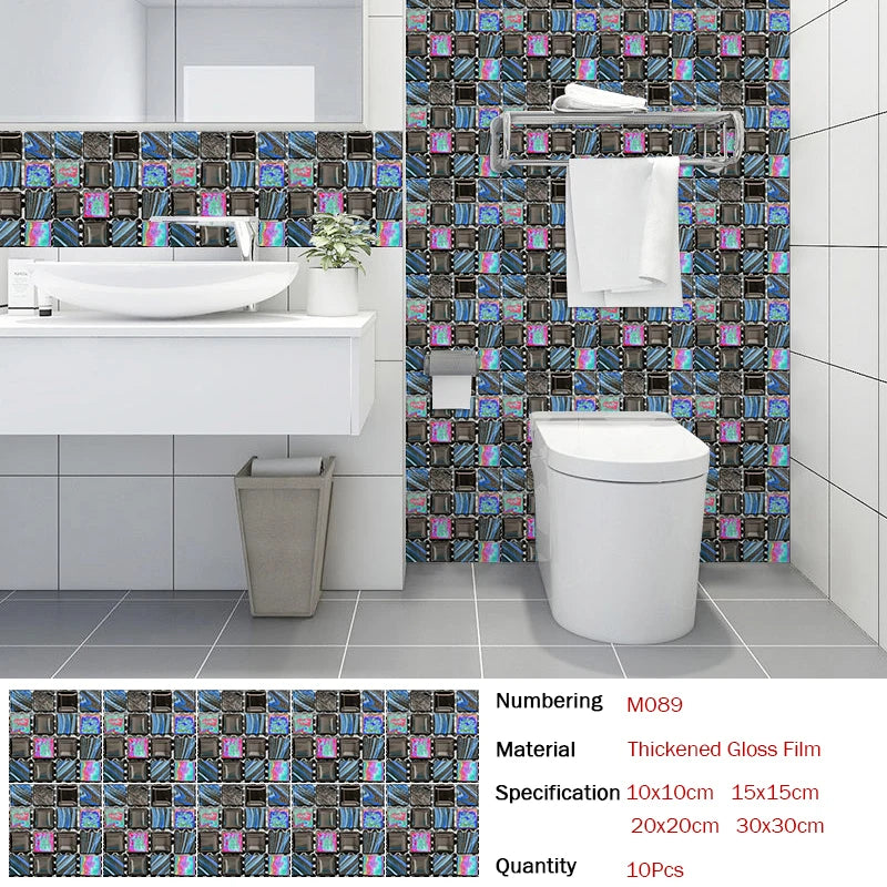 10pcs Flat Mosaic Style Tiles Sticker Kitchen Bathroom Waterproof & Oilproof Art Wall Sticker Peel & Stick Surface Glossy Film