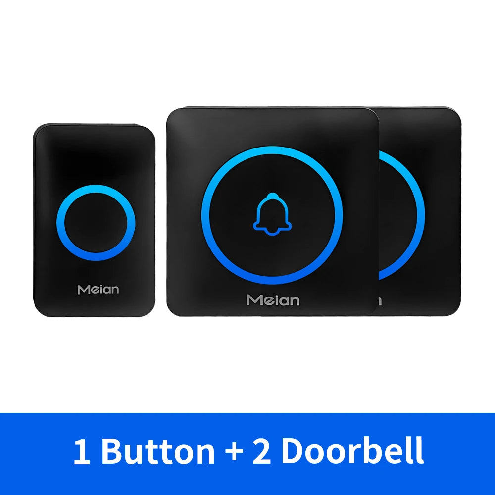 Wireless doorbell receiver and buttons kit, black with blue bell icon and ring lights