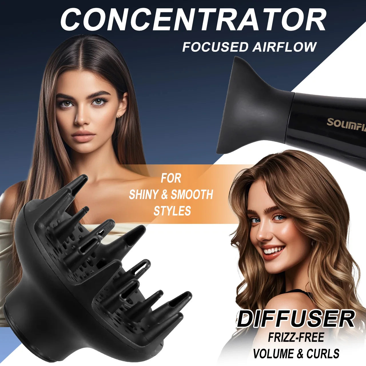 Black professional hair dryer with concentrator nozzle and diffuser attachment for smooth, voluminous hair styling.