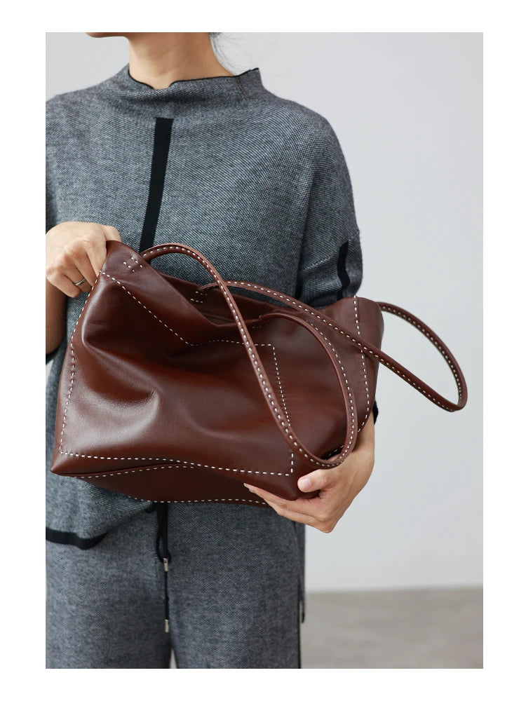 Women Large Capacity Genuine Leather Tote Soft Shoulder Bag