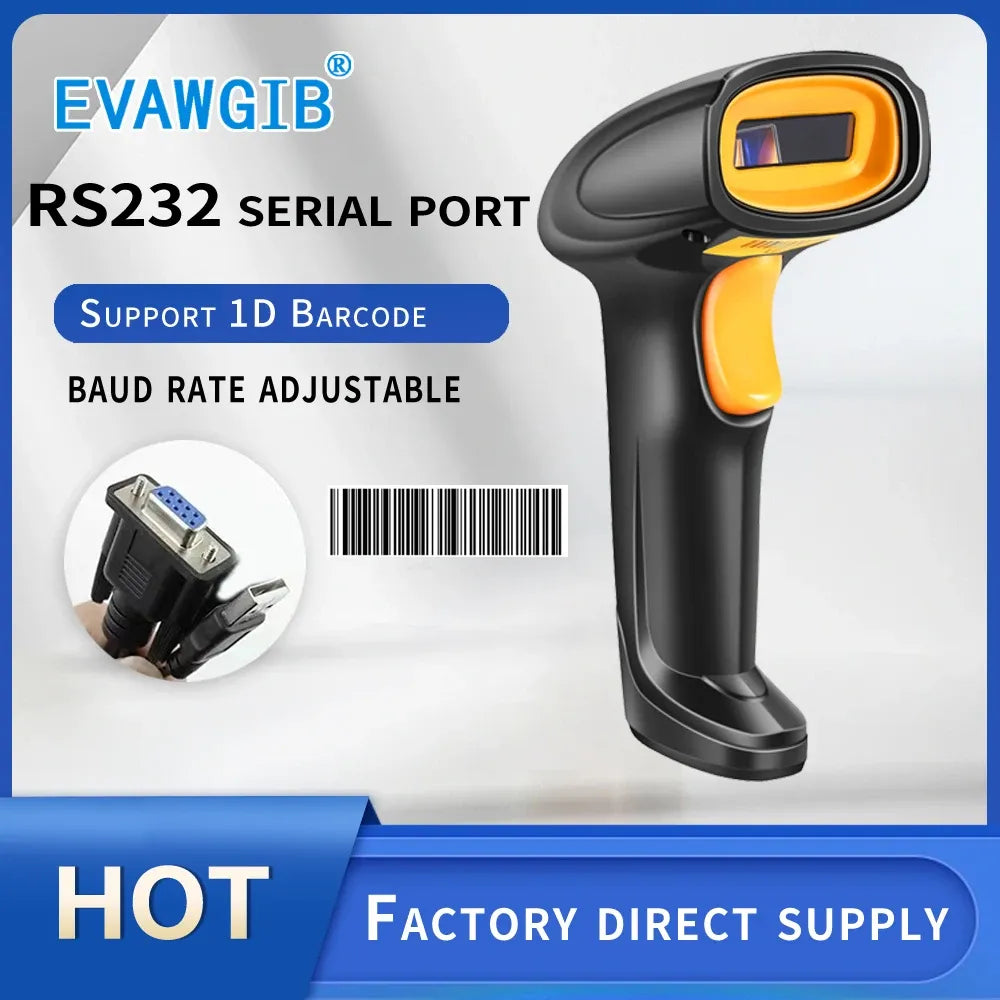 Handheld wired RS232 barcode scanner, black with orange scan window