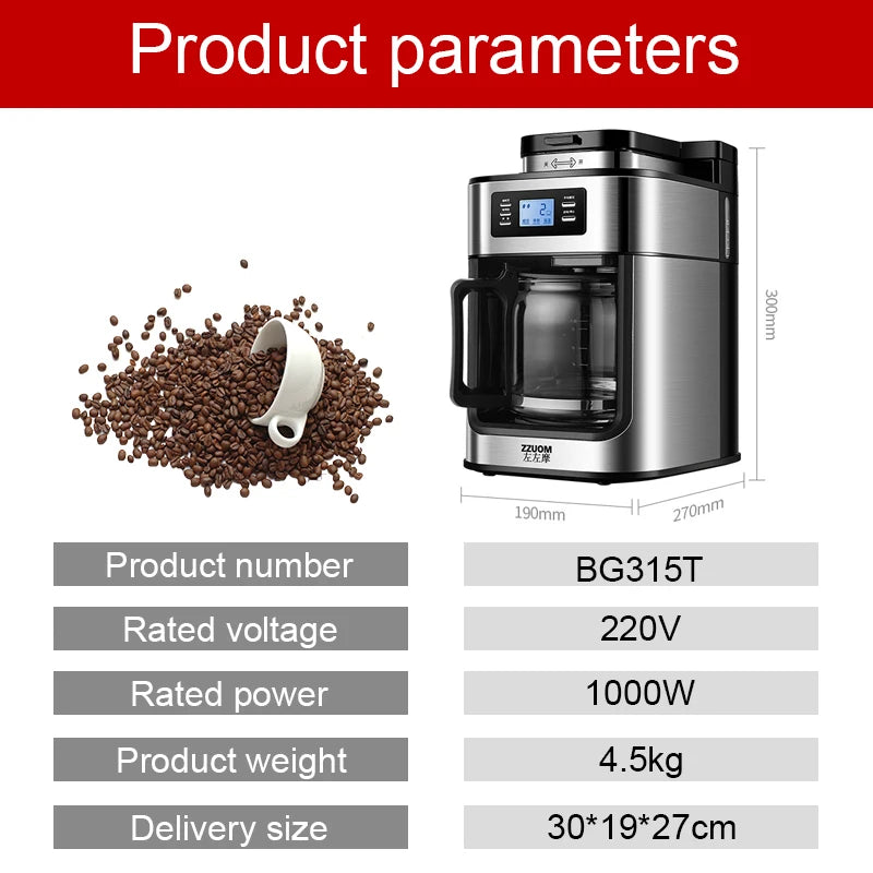 ZZUOM BG315T stainless steel drip coffee maker with digital display, glass carafe, and 30x19x27cm dimensions.