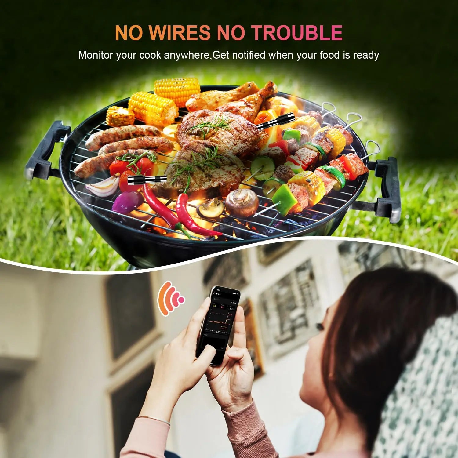Wireless Meat Thermometer with Dual-Sensor Probe, Real-Time Ambient & Food Temperature Tracking for Precise Cooking Control
