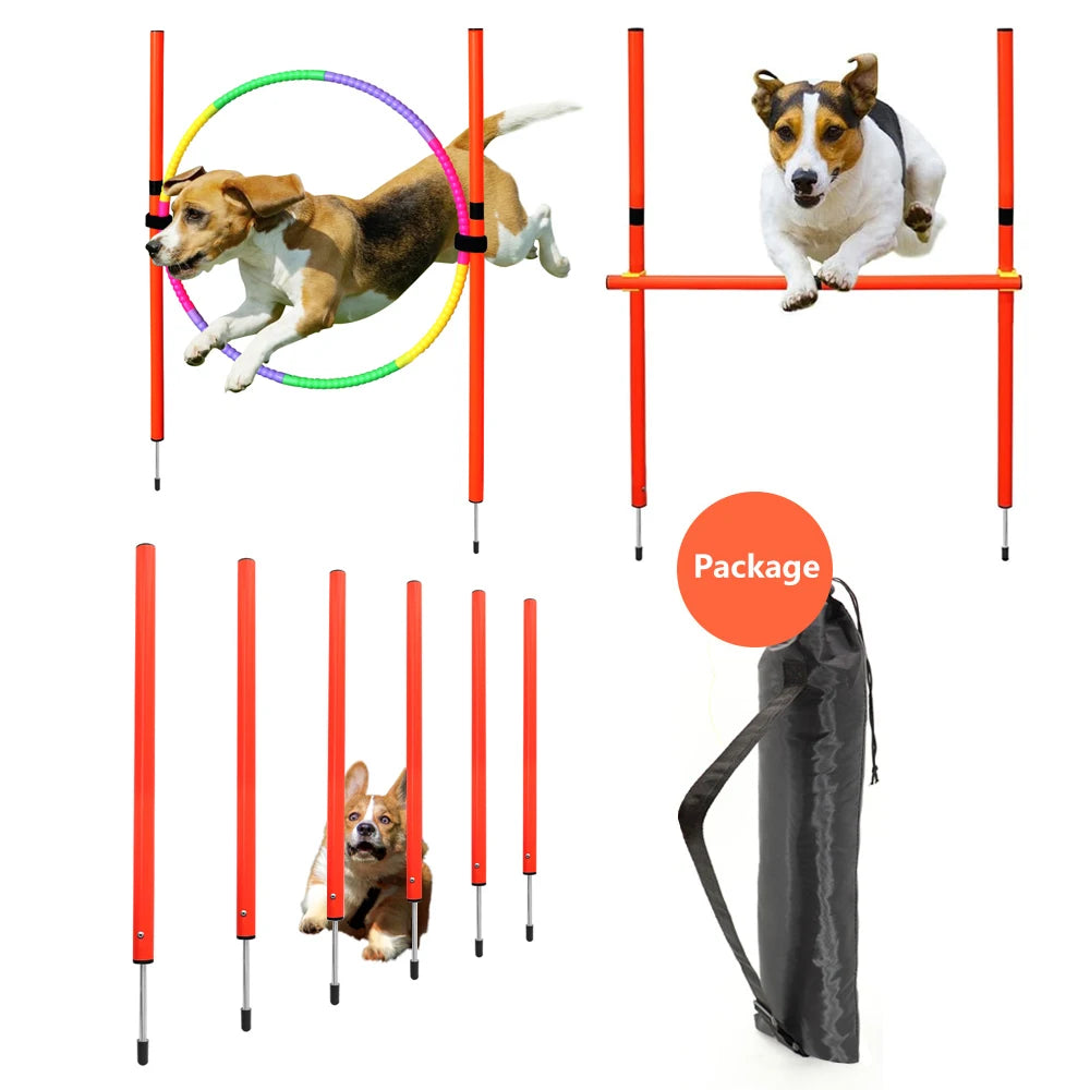Portable dog agility training set with jumping hurdles, hoop, and weave poles for outdoor exercise and pet fitness.