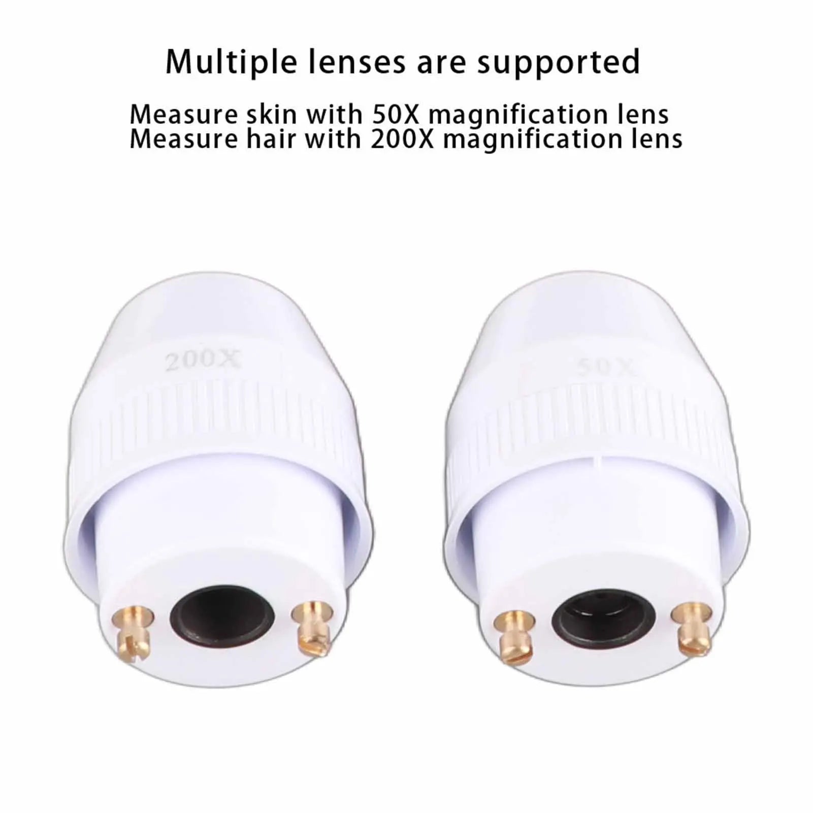 White 50X and 200X magnifying lenses for skin and hair follicle analyzer, professional scalp and skin care detector.