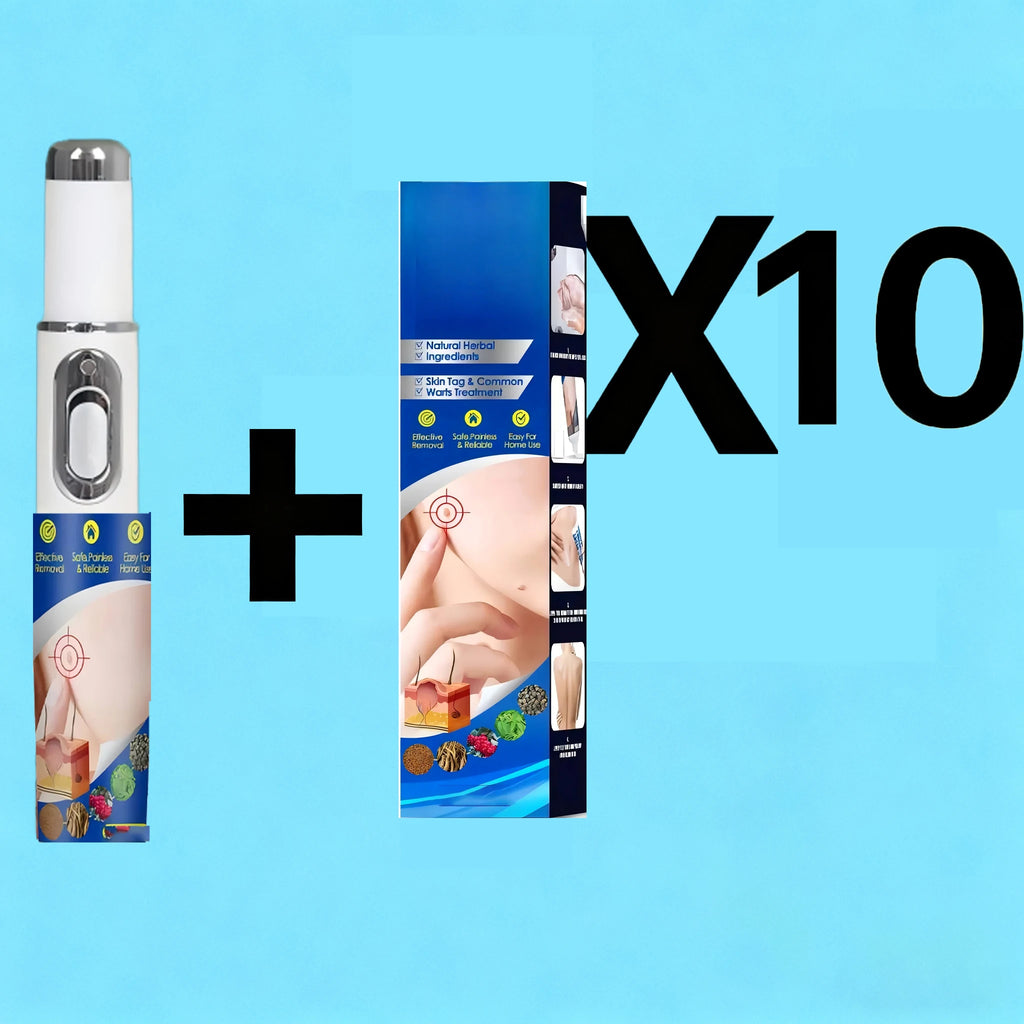 Blue laser wart removal tool set with 10 boxes for skin tag and mole treatment at home, white pen-style device.