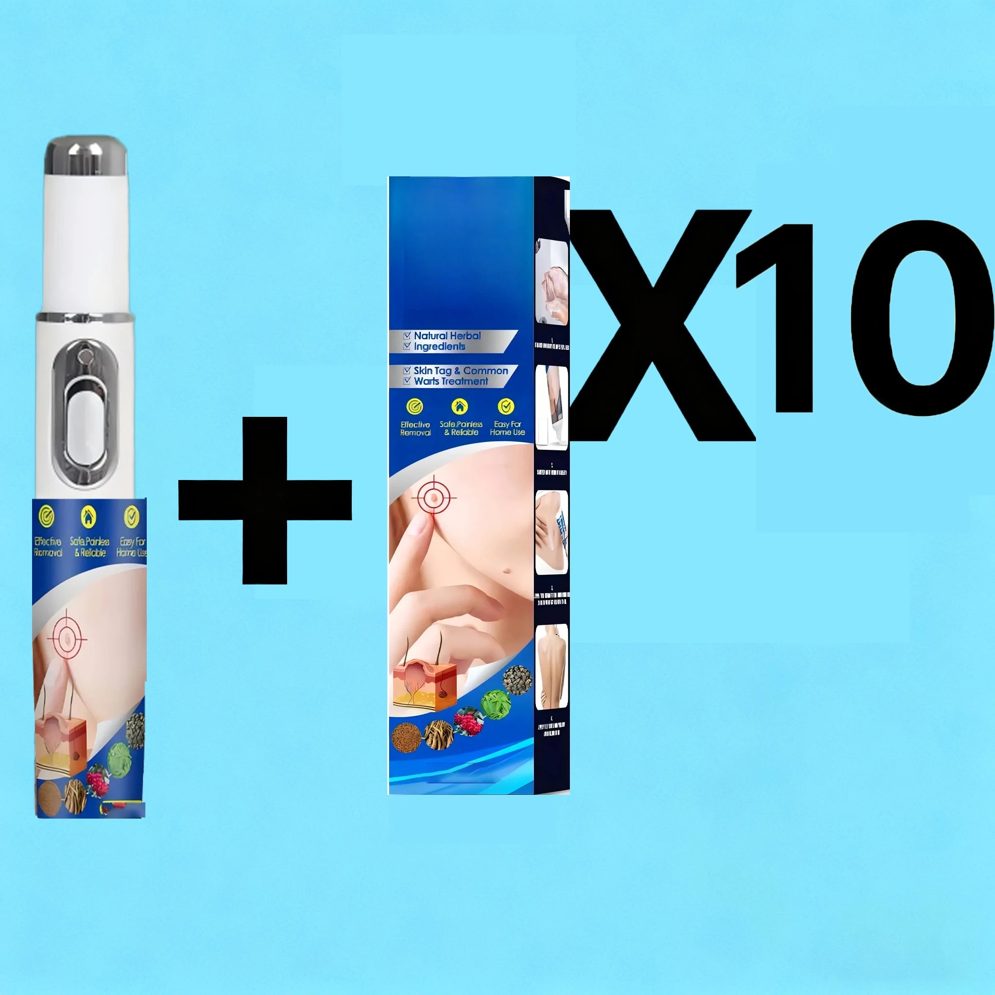 Blue laser wart removal tool set with 10 boxes for skin tag and mole treatment at home, white pen-style device.