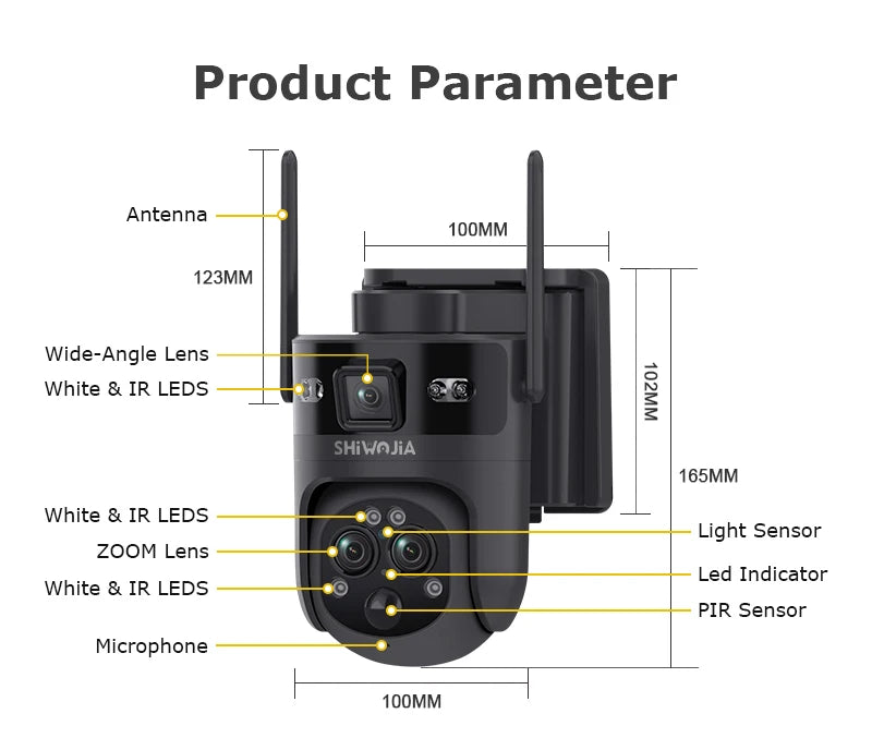 SHIWOJIA 15X 6M PSolar Camera 4G SIM/WIFI Three Lens Recording AI Human/Pet/Vehicle Auto Tracking Camera IP65 Waterproof