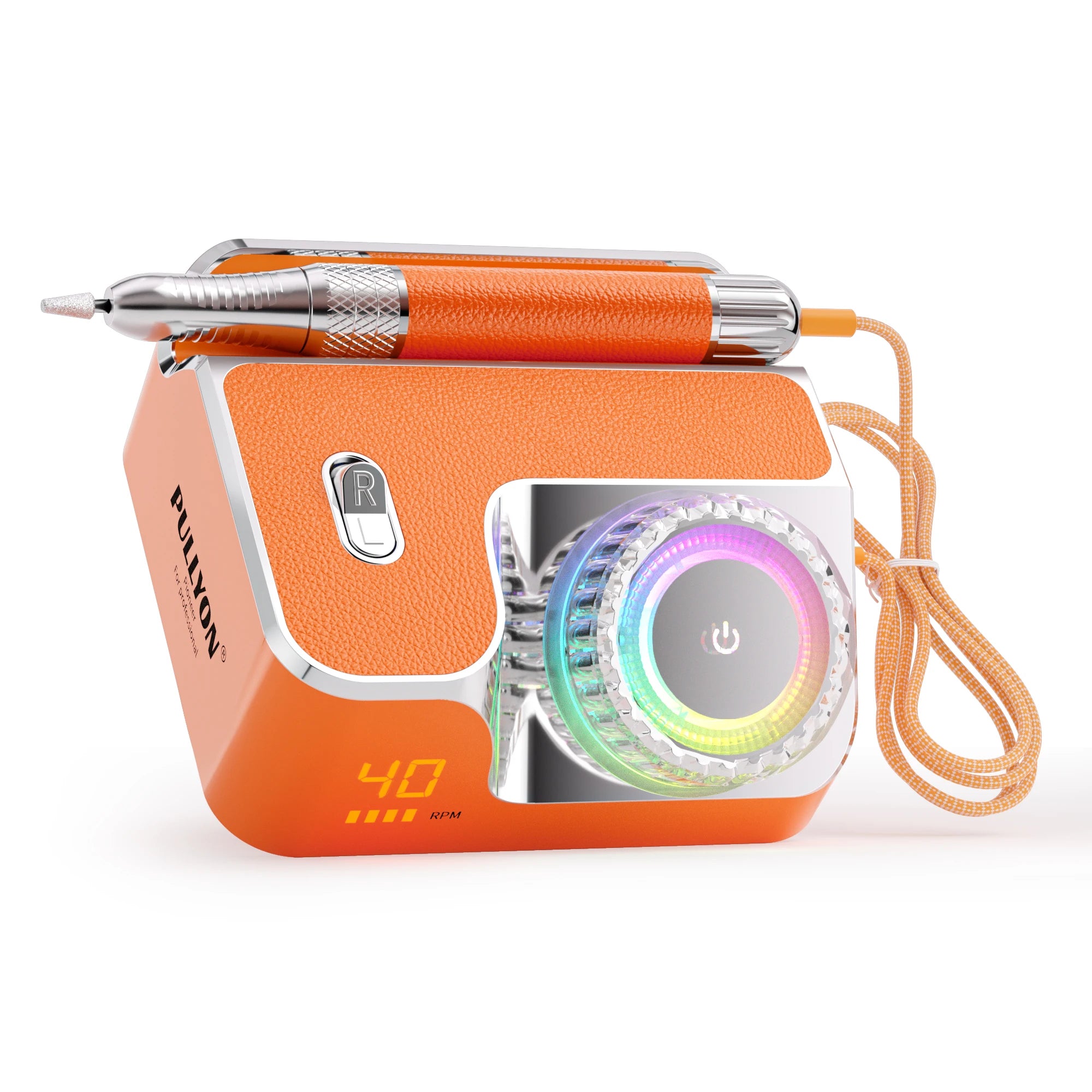 Orange 40000RPM rechargeable electric nail drill with LED display and handpiece for manicure and pedicure salon use.
