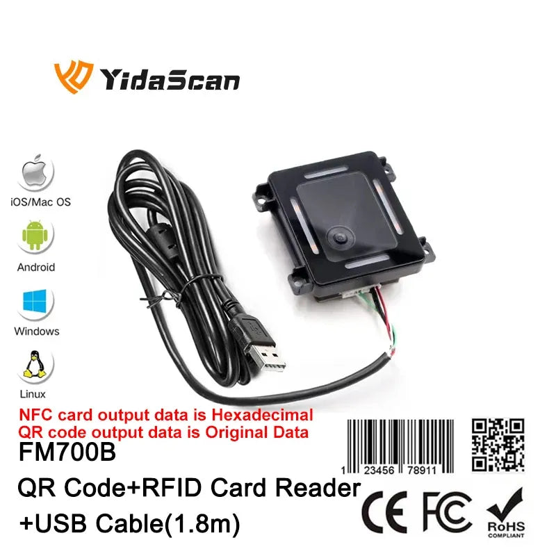 FM700B QR code + RFID card reader with USB cable and barcode/QR label