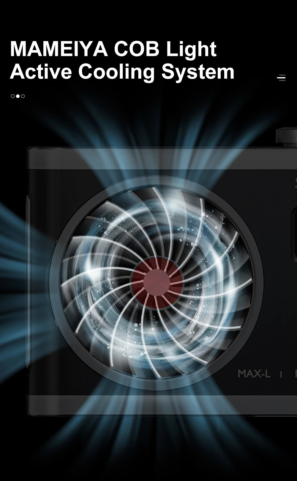 Black square MAMEIYA COB LED light with a circular internal cooling fan showing blue airflow motion lines.