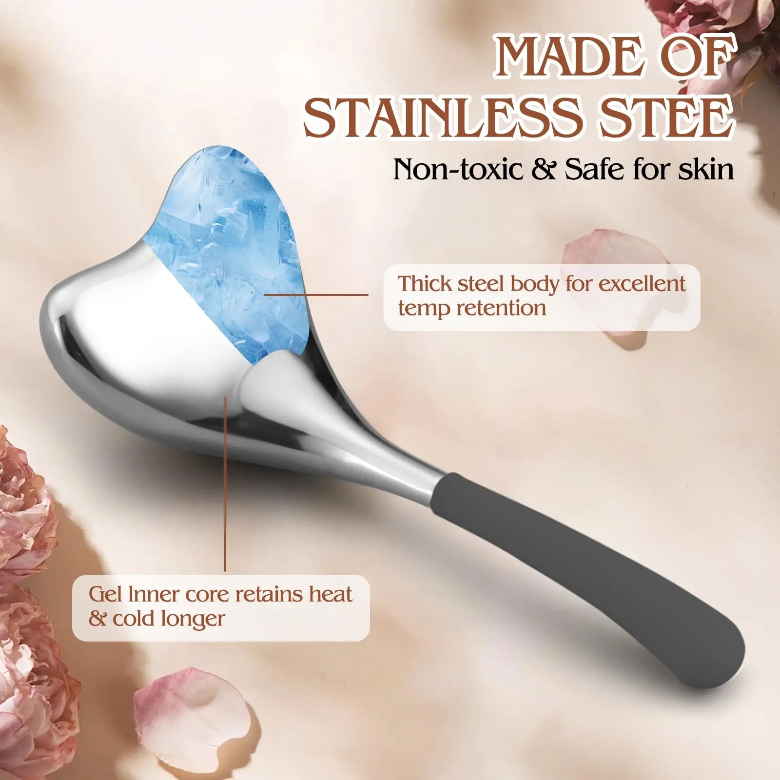 Stainless steel heart-shaped cryo gua sha tool with a gray silicone handle, showing a blue gel core interior.