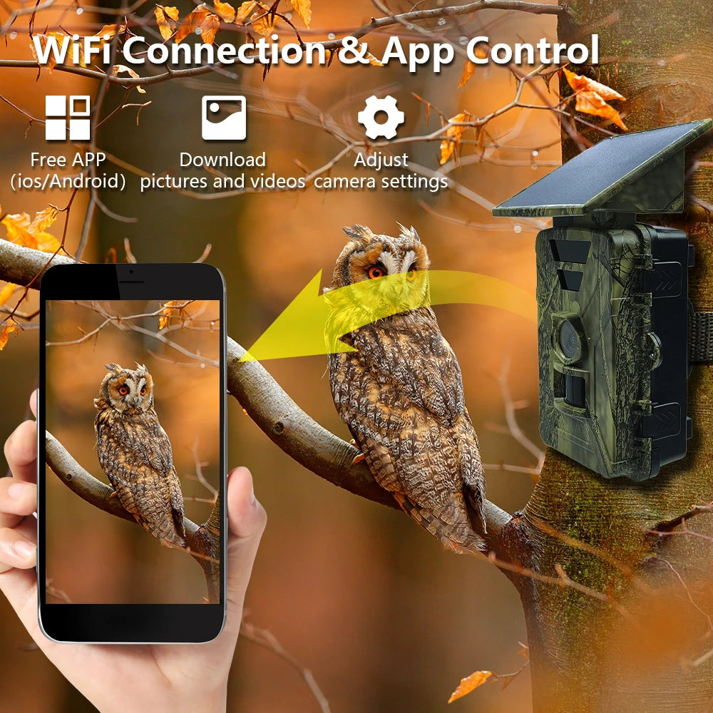 8K 60MP Solar Trail Camera with WiFi, 32GB SD Card, Phone App Control, Night Vision Motion Activated Wildlife Camera