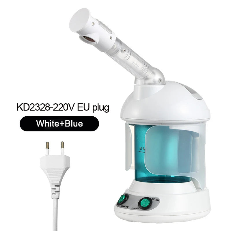 White and blue nano ionic facial steamer for deep pore cleansing, spa skin care, and ozone mist treatment.