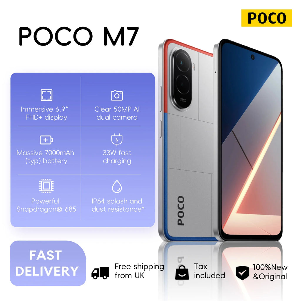 POCO M7 4G 8+256GB Global Version Powerful Snapdragon® 685 6.9" 144Hz 50MP AI Camera 7000mAh 33W Fast and 18W Reverse Charging