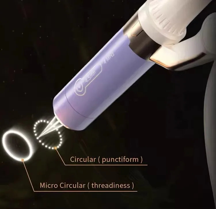 12D facial lift device with purple handle showing circular and micro-circular skin tightening rejuvenation technology.
