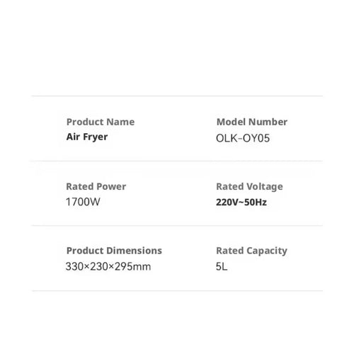 Air fryer specifications sheet showing rated power, voltage, dimensions, and capacity