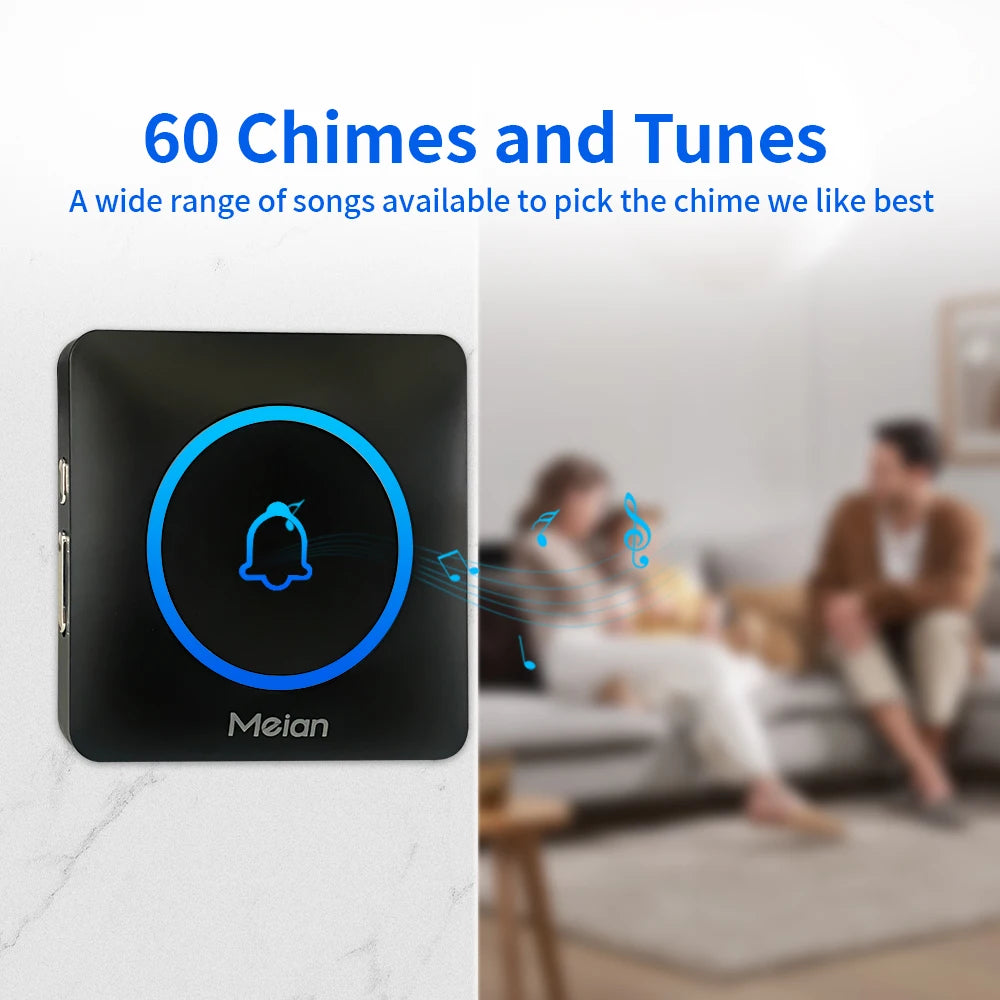 Meian IP65 Waterproof Wireless Doorbell Smart Home Outdoor Door Bell 60 Ringtone 5 Volume Adjustable LED Flash Smart Door Bell