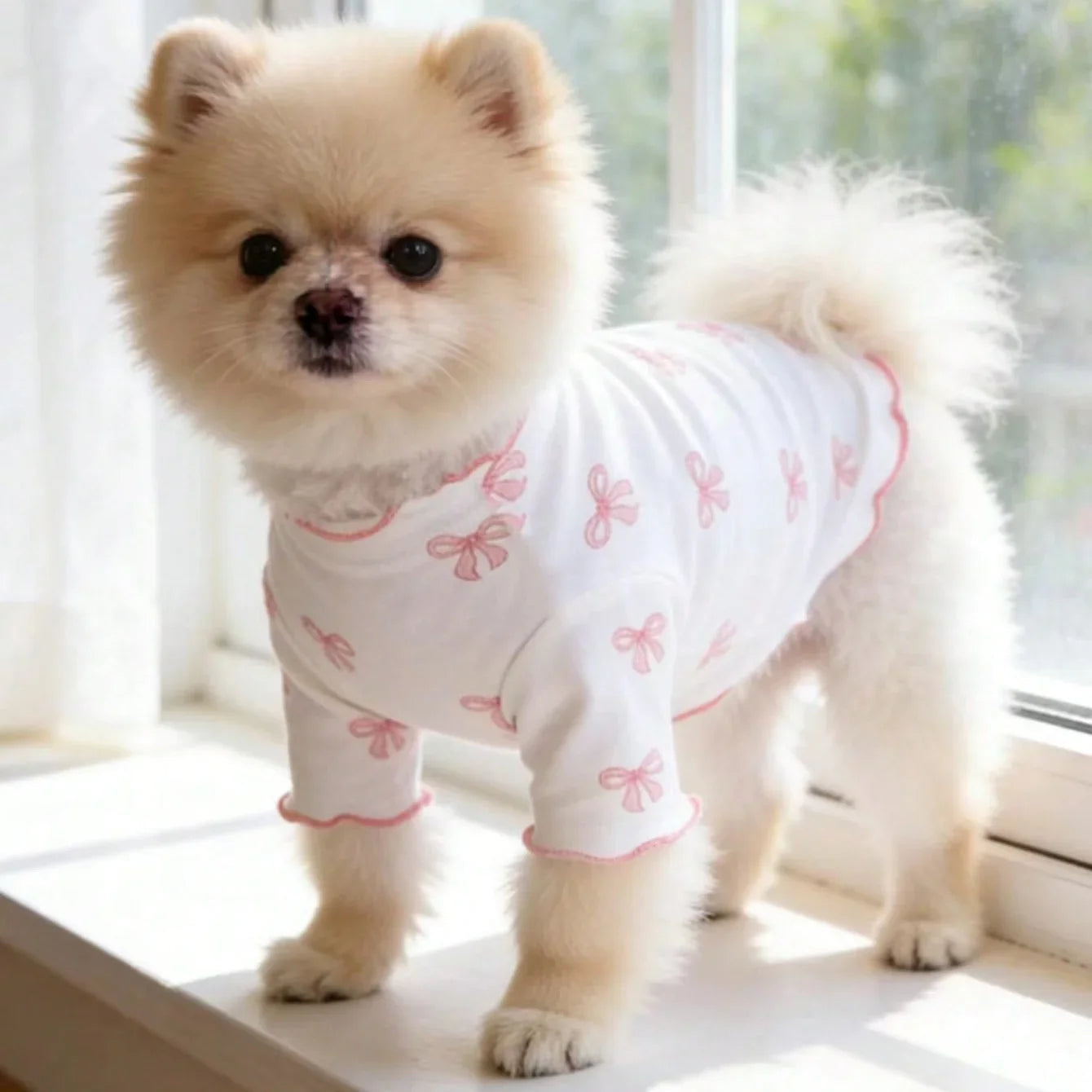 Cute Pomeranian wearing a stretchy, breathable white dog shirt with a pink bow tie print for comfortable daily wear.