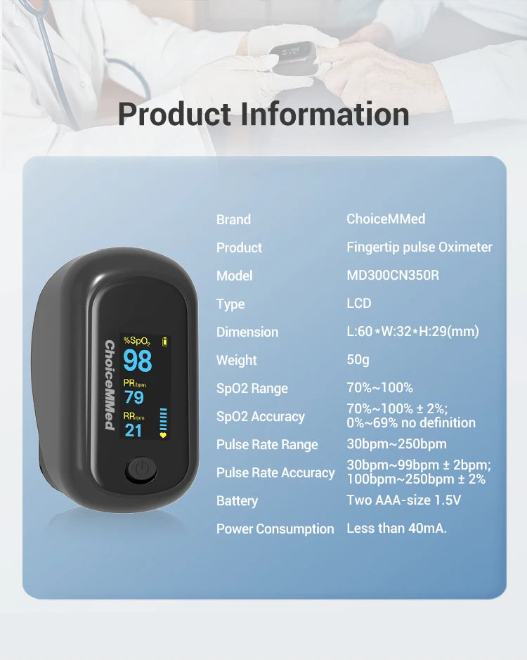 ChoiceMMed Portable Medical Finger Pulse Oximeter Blood Oxygen Saturation Meter Heart Rate SpO2 PR LCD Oximetro De Dedo Monitor