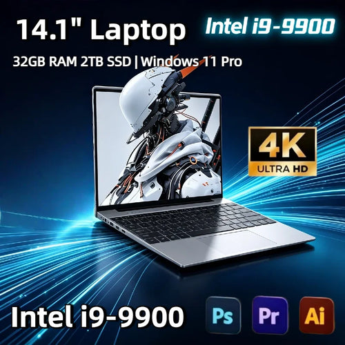 Silver 14.1-inch ultra-slim laptop with black keyboard, large trackpad, and multiple side ports on a blue tech background.
