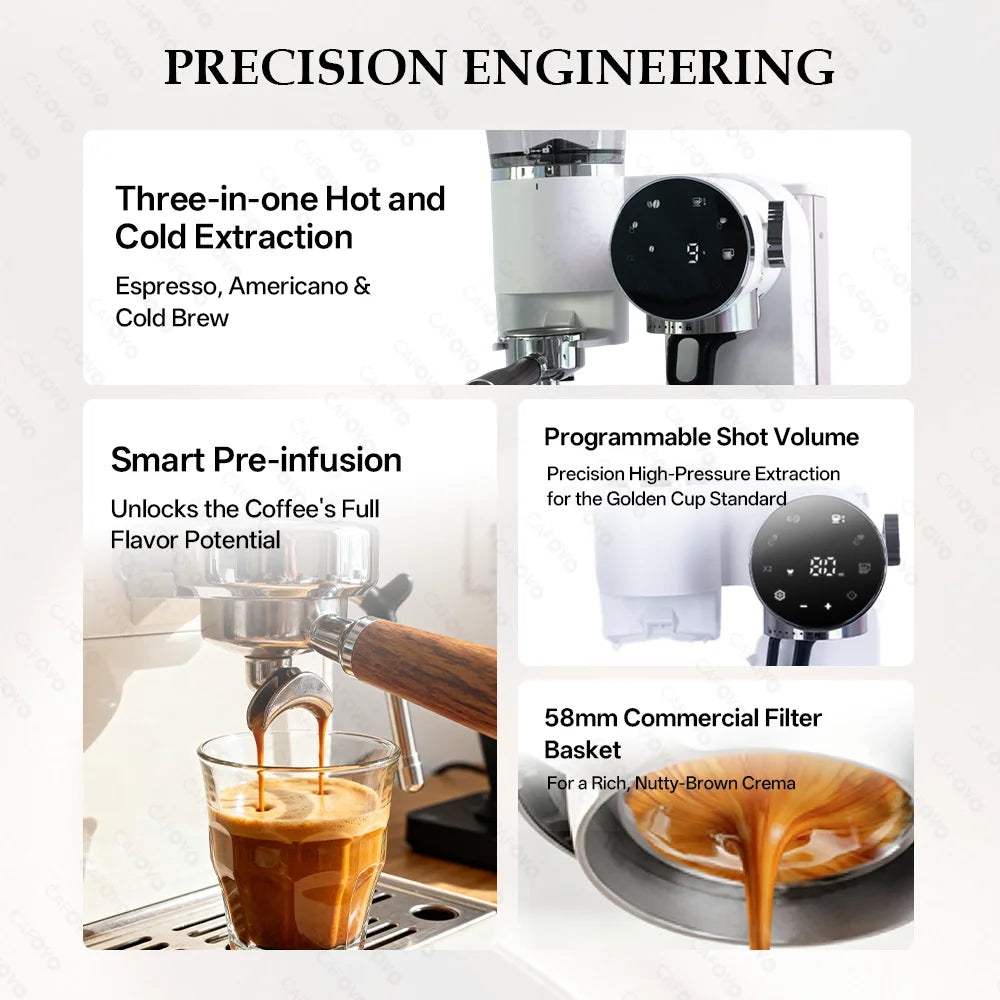 Cafoyo white 3-in-1 espresso machine with 58mm commercial filter, digital display, and programmable shot volume.