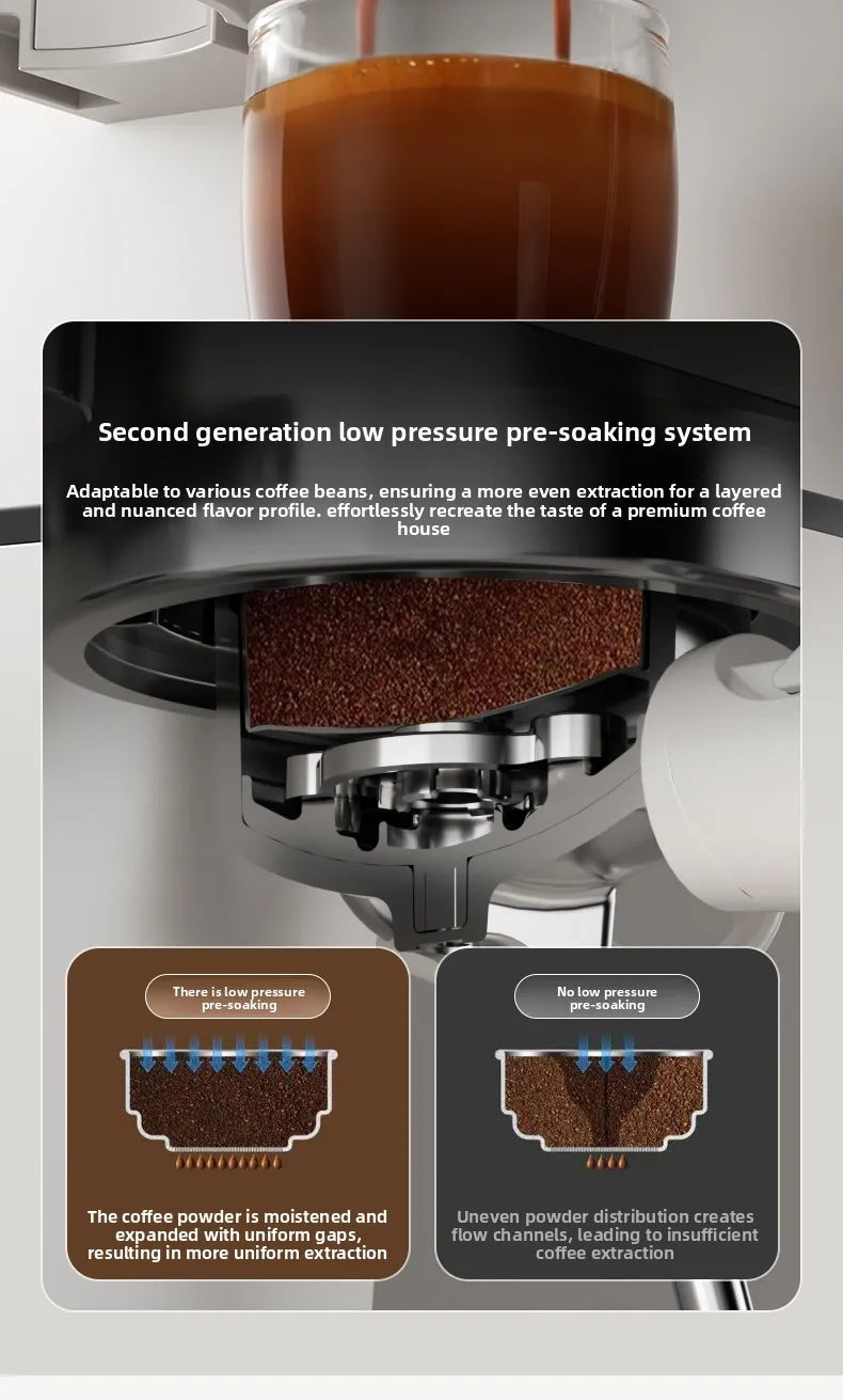 Black espresso machine features low pressure pre-soaking system for even coffee extraction in a compact design.