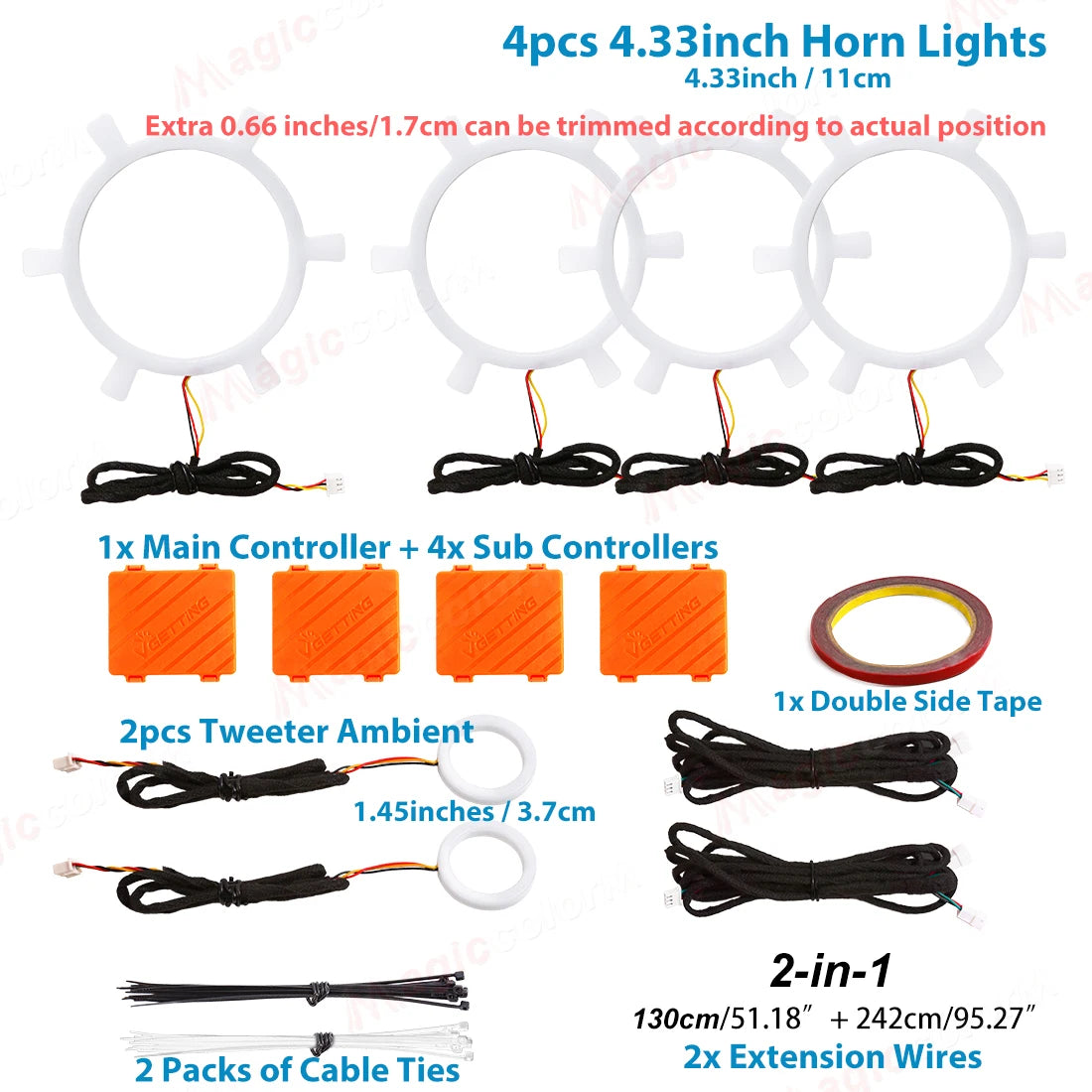 Four 11cm white circular horn LED light rings, two 3.7cm tweeter ambient rings, control boxes, wires, and cable ties.