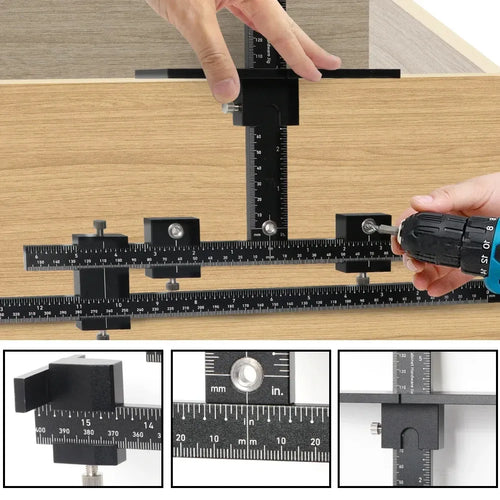 Cabinet handle drilling jig clamped to wood with ruler guides and drill in use
