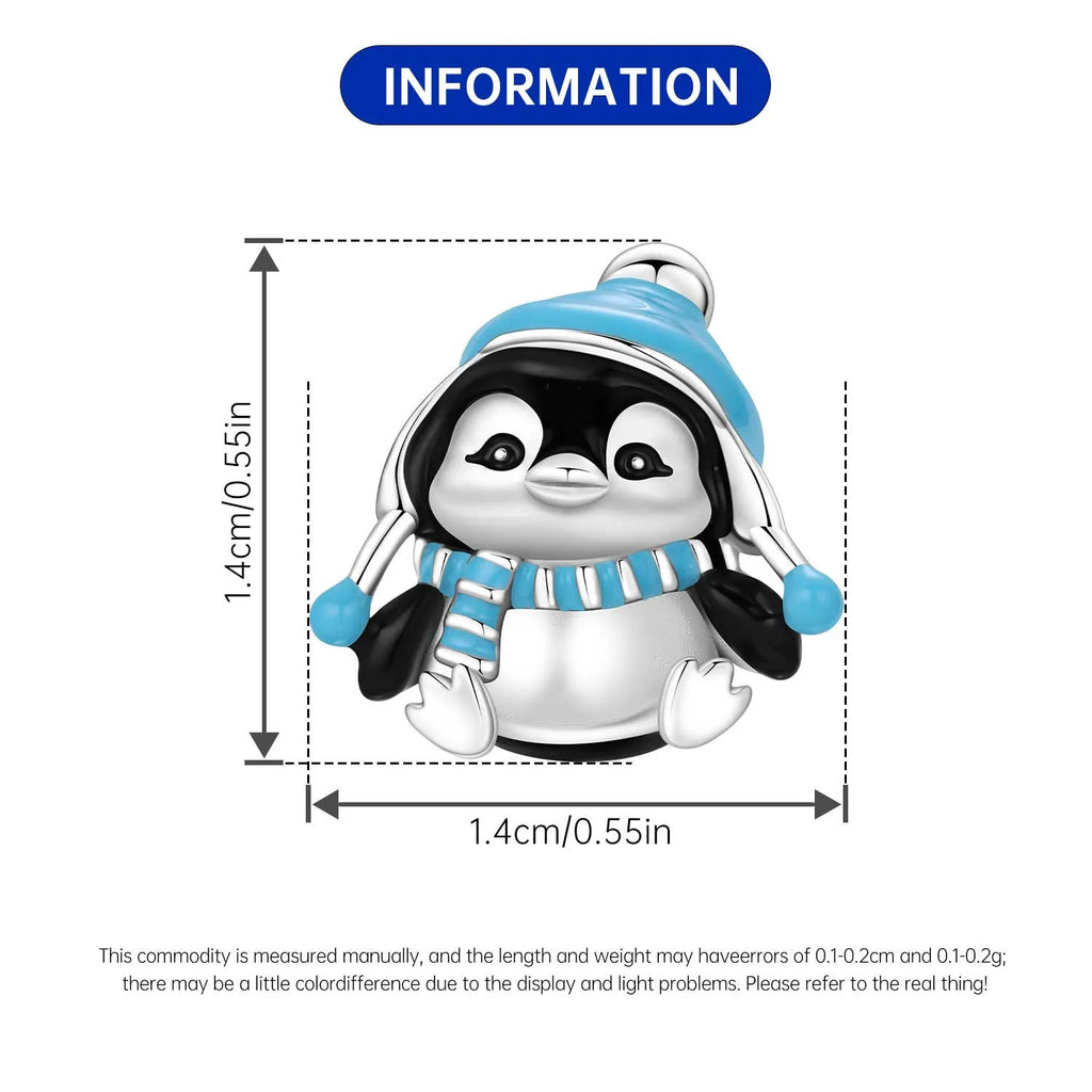 925 sterling silver penguin charm for bracelets. Cute blue enamel pet bead jewelry, perfect for DIY gifts. 1.4cm size.