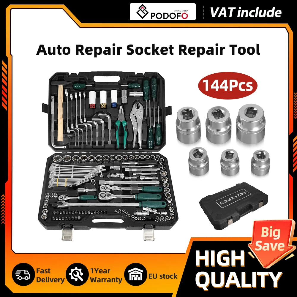 Podofo 144Pcs Car Repair Socket Tool Set Socket Wrench Ratchet Wrench Combination Kit with Portable Storage Tool Box