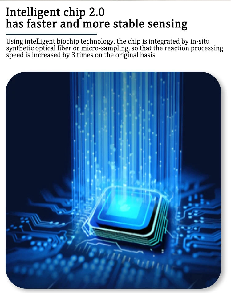 Intelligent chip 2.0 with a square black center and blue glowing data streams on a circuit board for fast sensing.