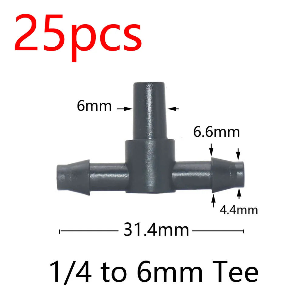 Barbed tee irrigation connector, 1/4 to 6mm size, dark plastic three-way fitting